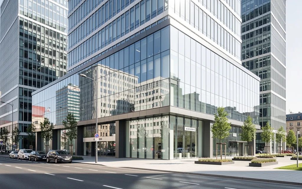 Façade d'une agence bancaire moderne dans le quartier d'affaires de Varsovie