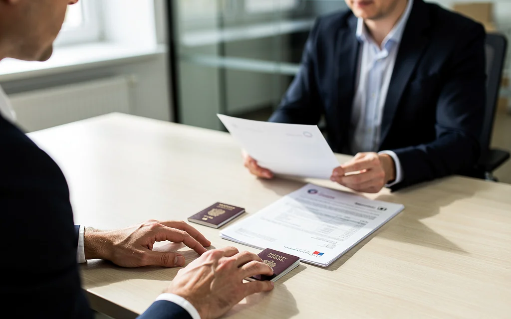 Personne ouvrant un compte professionnel en agence avec passeport et documents d'entreprise