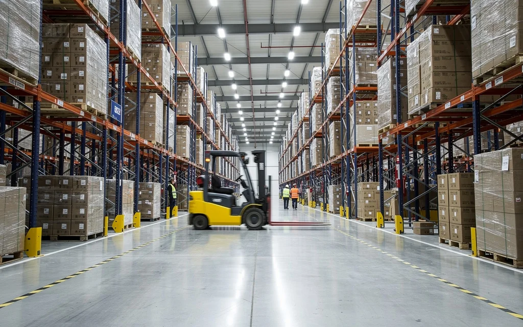Entrepôt logistique moderne en Pologne, symbole de l'économie industrielle et des services