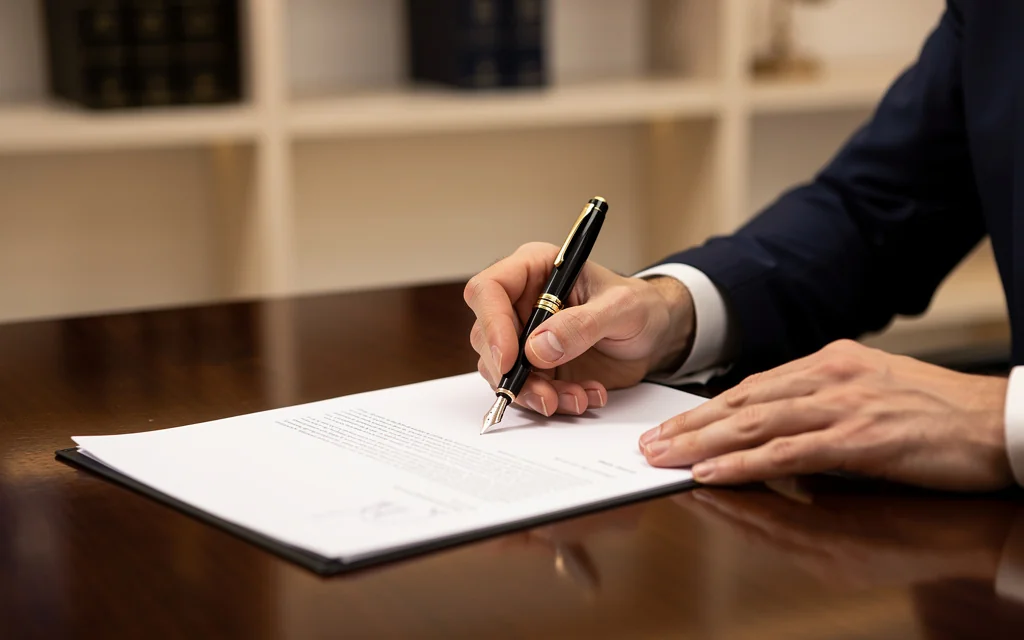 Associés signant les statuts d'une société polonaise devant notaire lors de sa constitution